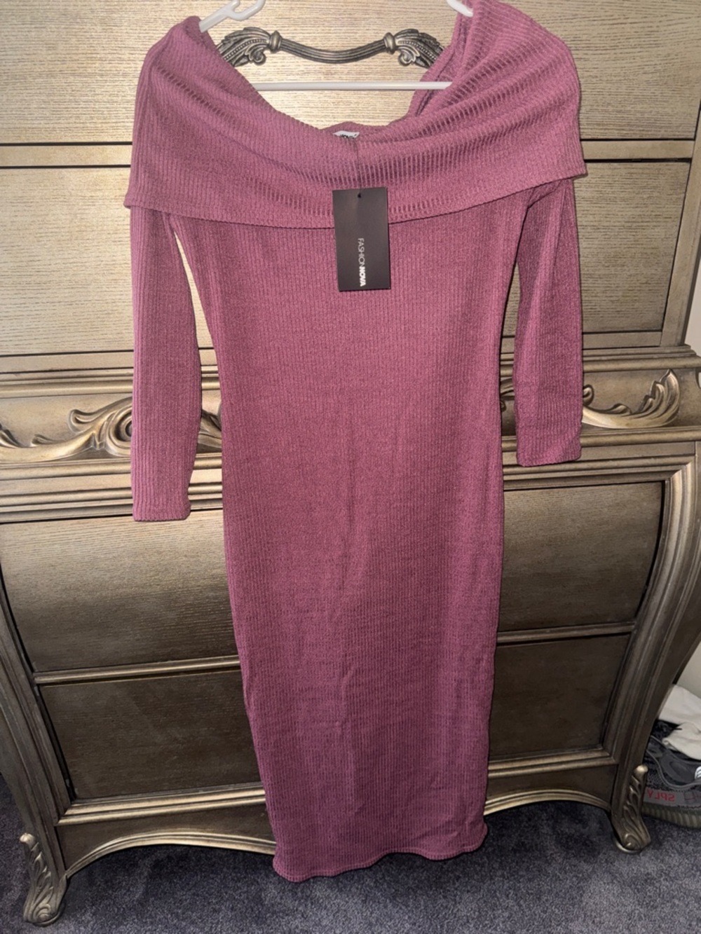 Fashion Nova Off-Shoulder Ribbed Midi Dress - Mauve